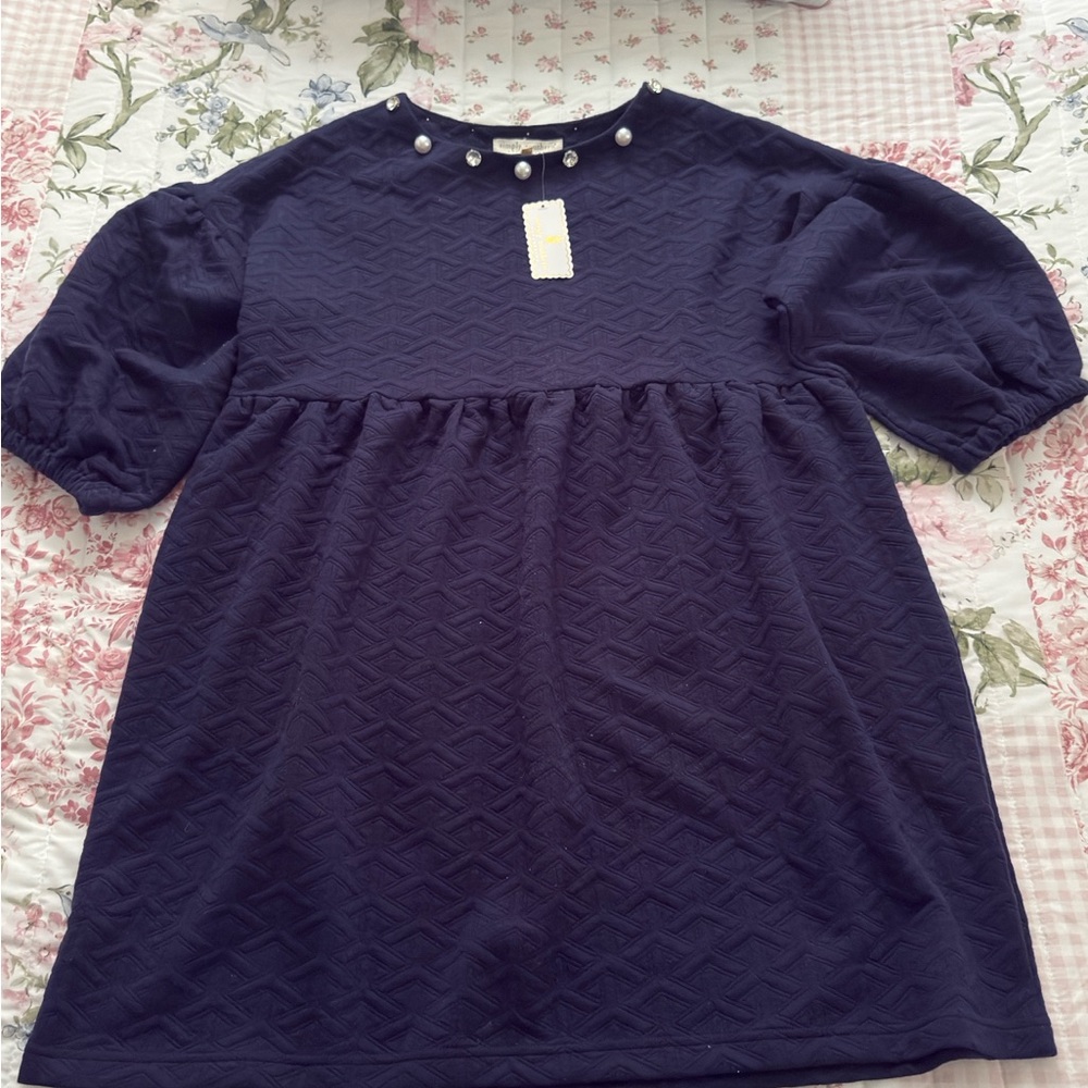 Simply Southern Navy Textured Bubble-Sleeve Dress with Pearl Accents